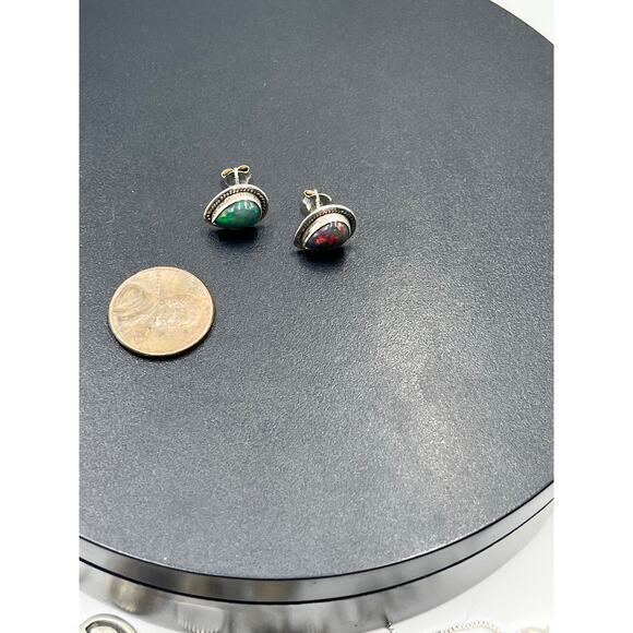 Vintage Sterling Silver Natural Dark Opal Stud Earrings Rope Border 13mm Pair - Picture 3 of 12